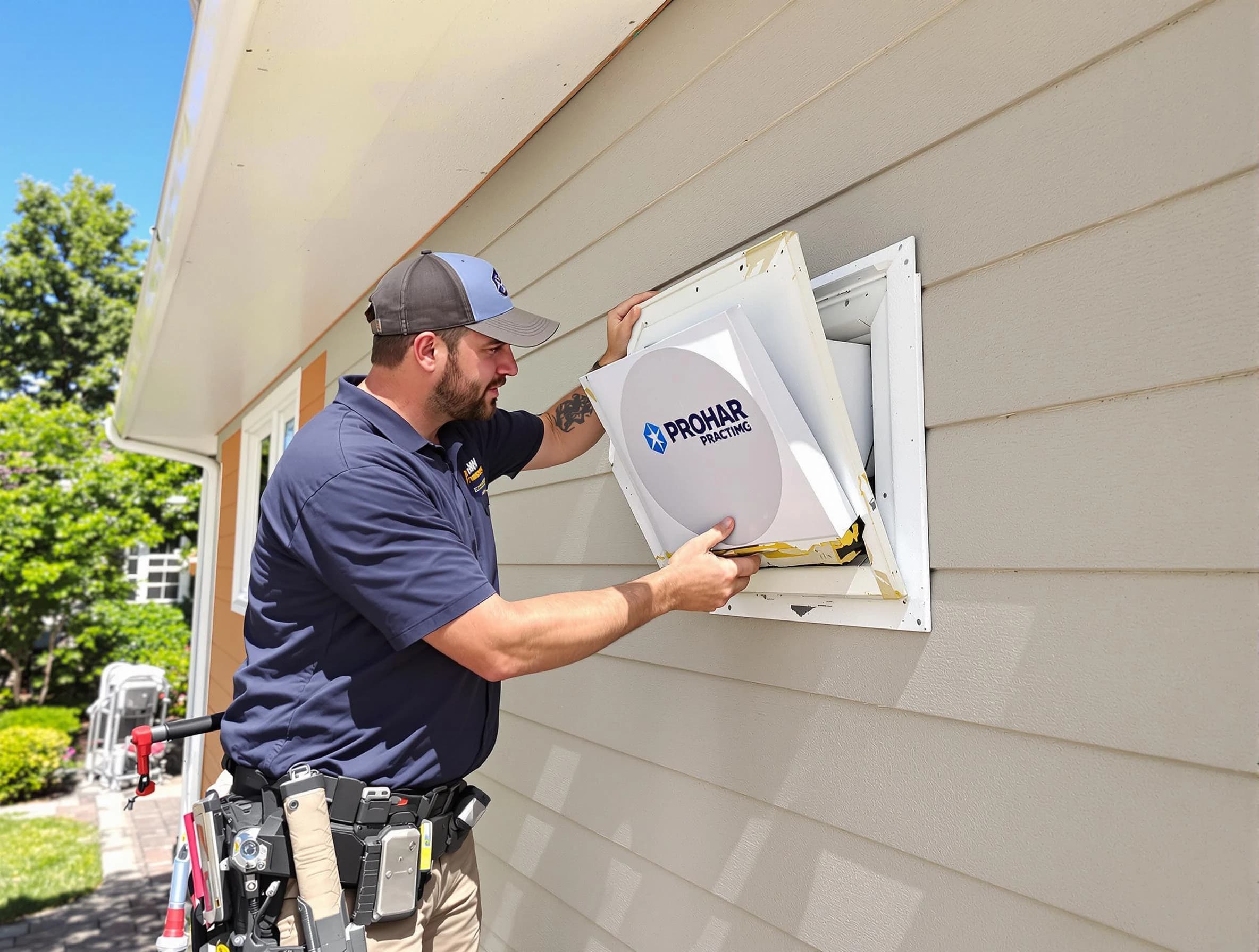 Mead Dryer Vent Cleaning technician installing a new protective dryer vent cover on a home in Mead