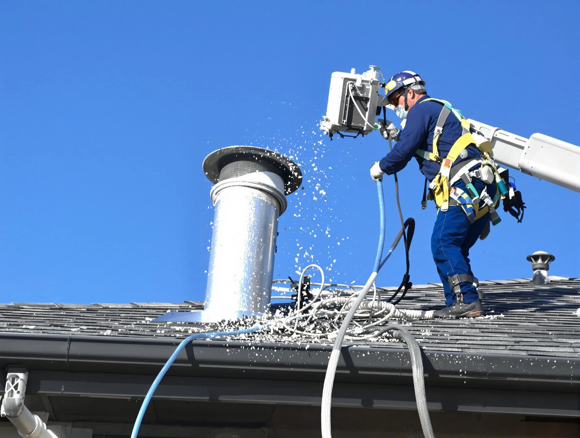 Mead Dryer Vent Cleaning certified technician safely cleaning a roof-mounted dryer vent in Mead