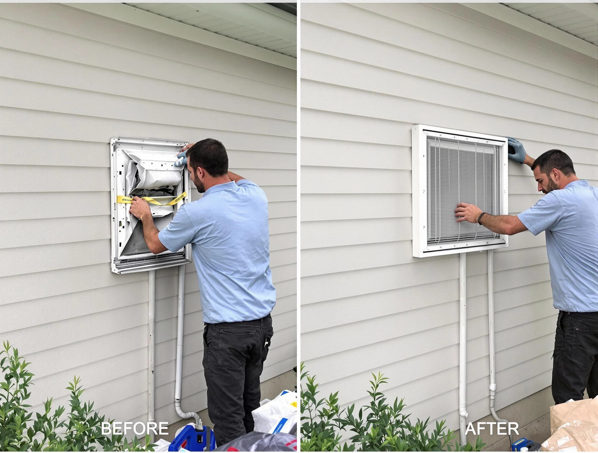 Mead Dryer Vent Cleaning technician installing high-quality dryer vent cover at a residential property in Mead